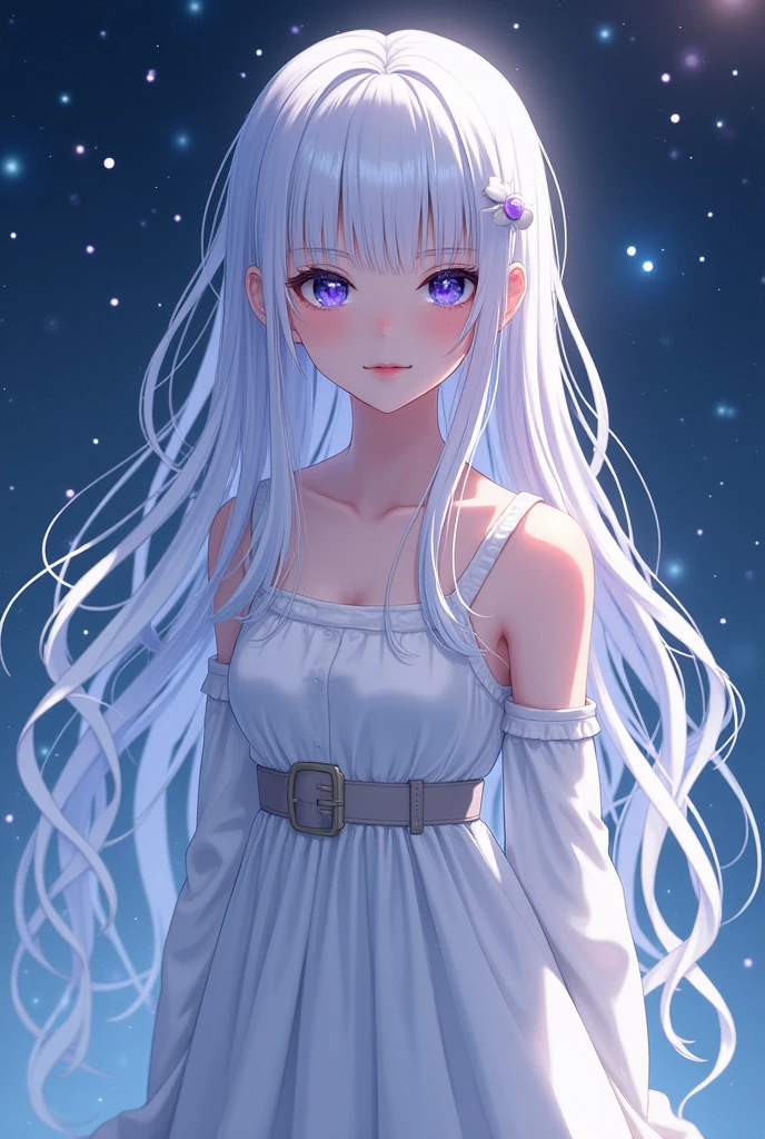 1girl, long loose wavy hair, white hair, blue eyes, purple eyes, surrounded by stars and constellations, simple white elegant dress, brown boots, detailed face, beautiful detailed eyes, beautiful detailed lips, extremely detailed eyes and face, long eyelashes, fantasy, high quality, 8k, photorealistic, cinematic lighting, volumetric lighting, dramatic lighting, intricate details, detailed fabric textures, masterpiece, (best quality,4k,8k,highres,masterpiece:1.2),ultra-detailed,(realistic,photorealistic,photo-realistic:1.37)