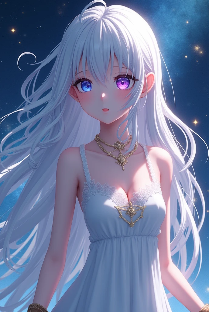 1girl, long loose wavy hair, white hair, blue eyes, purple eyes, surrounded by stars and constellations, simple white elegant dress, brown boots, detailed face, beautiful detailed eyes, beautiful detailed lips, extremely detailed eyes and face, long eyelashes, fantasy, high quality, 8k, photorealistic, cinematic lighting, volumetric lighting, dramatic lighting, intricate details, detailed fabric textures, masterpiece, (best quality,4k,8k,highres,masterpiece:1.2),ultra-detailed,(realistic,photorealistic,photo-realistic:1.37)