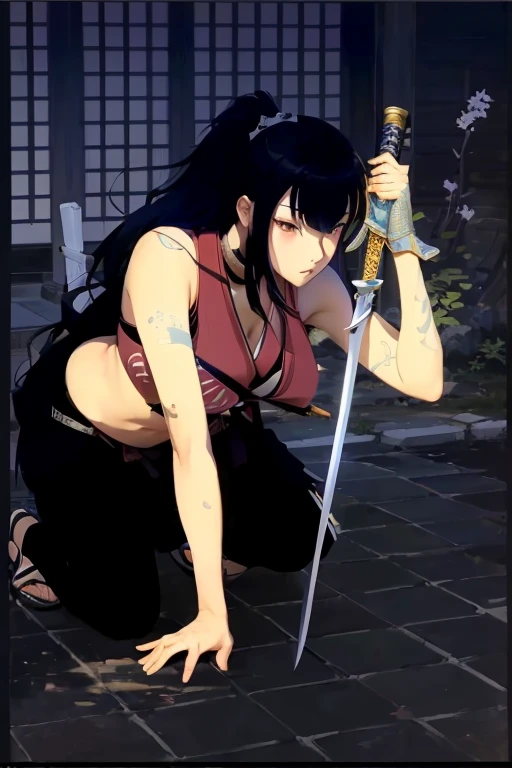 anime girl kneeling down with a sword and a bottle, she is holding a katana sword, katanas strapped to her back, holding a sword on her shoulder, inspired by Kusumi Morikage, hinata hyuga, unsheathing her katana, she is holding a sword, katana, badass pose, gapmoe yandere, junko enoshima