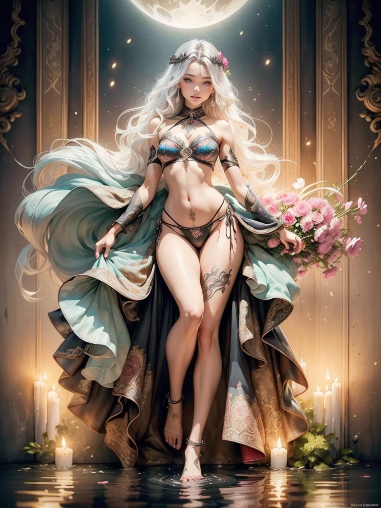 8k, (female:1.5), Elegant and Flexible (athletic build:1.5), emerald eyes (Vibrant:1.5), chestnut hair (AFFluent:1.5), copper silk, LeaF-shaped decorations, ultra HD, HDR, , details Intricate, Ultra-realism, luxurious atmosphere, IMAX, cinematic, awarded photo, intrikate, low opening (F1.2),erotism, medieval castle built into the mountain, night sky, Full moon, panties with pearls, wearing jeweled panties, breasts small, pose sexy, sexy erotic body, Full body, silver and gold bracelet, waterfall, Light bulb and latern , cinematic lighting, photorrealistic, 1 girl, 18 years old, (legs spread open), pink lips, well-lit, beautiFul and aesthetic: 1.2), (1 girl), extremely detaild, (fractal art: 1.3), colorFul, More Detailed, beautiFul goddess, caucasian girl with shiny silver hair, Full female body, wild waves, large waves, oriental mandala tattoos, transparent dresses and small panties, skin wet with water, Light bulb, latern, beautiFul girl with a slight smile, Forest, Flowers and roses, calcinha sexy tattoos oF mandalas and Flowers on the naked body, toes immersed in water, beautiFul goddess looking at the pond water, Front view, in panties with jewels, Fantasy, world oF The Lord oF the Rings, magie, tattoos oF mandalas and Flowers on your body, Front view, interior oF the temple Flooded with pond water, Greek column,three interlocking circles Form a work oF art, magieal circles, long hair mixed in water, surreal magieal dream, image rich in details, clearing, painting oil painting, red lipgloss stick , long hair mixed in water, surreal magieal dream, image rich in details, clearing, painting oil painting, red lipgloss stick , bra with pearls
