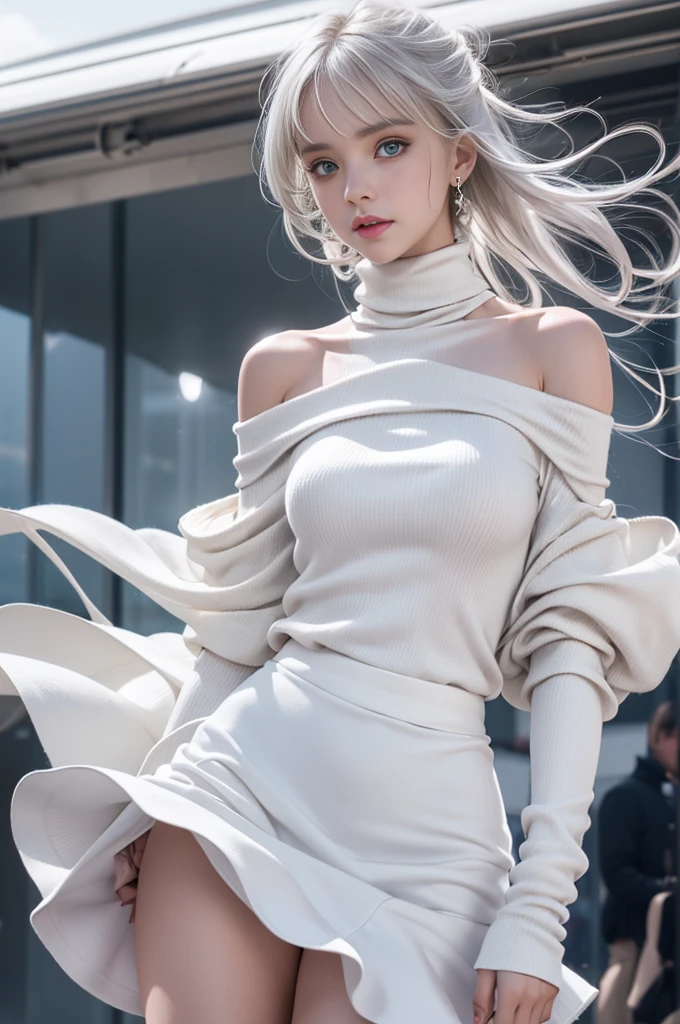 Heterochromia iridis,Silver Haired Girl,High Resolution Free,(Semi-transparent off-shoulder turtleneck pure white dress)、(The wind blows up my skirt)