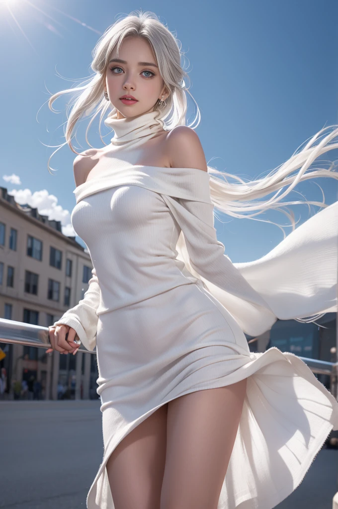 Heterochromia iridis，Silver Haired Girl，High Resolution Free，(Semi-transparent off-shoulder turtleneck pure white dress)、(The wind blows up my skirt)