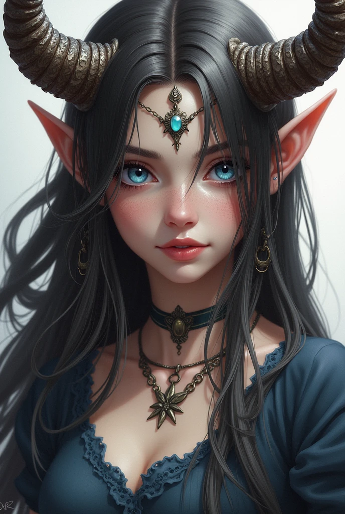 girl, horns, jewelry on horns, long hair, blue eyes, fantasy clothes, realism