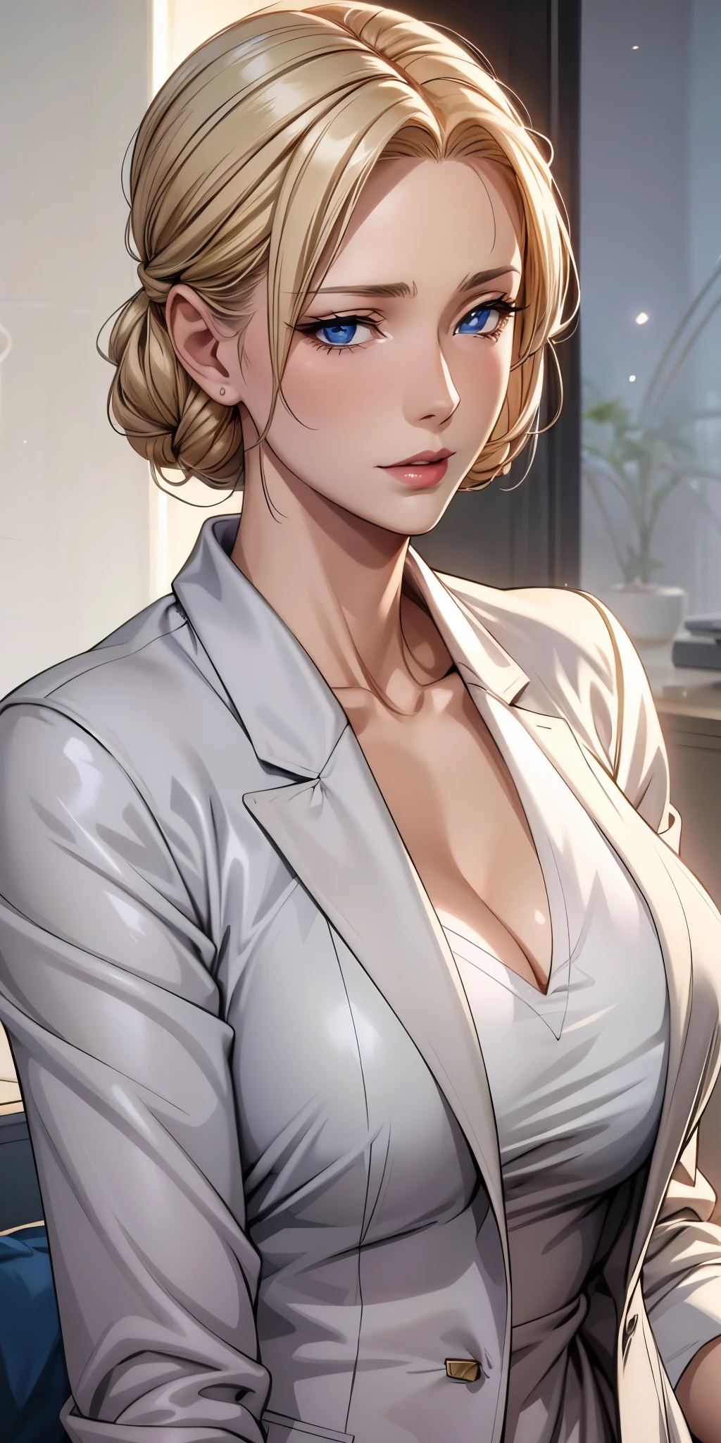 Elegant  woman, milf,  eyes, blonde hair, soft light, high detailed, 4k resolution, high quality, beautiful cg, 