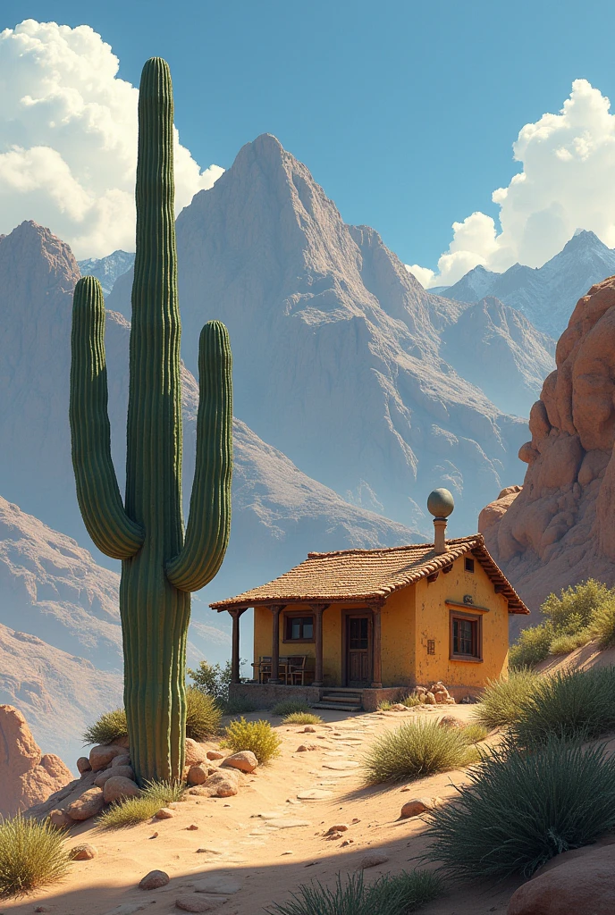 1 story house on the side of the mountain next to a huge cactus