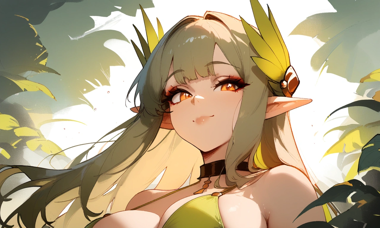 1girl, muelsyse \(arknights\), arknights \\\\\ masterpiece, best quality, very aesthetic, absurdres, newest \\\\\\ simple background, space background. lime bikini, greenery, water, orange eyes,elf ears, slim body,///// ,by nyantcha, , cutesexyrobutts,khyle ,,////// 18 years old girl,thin waist ,,solo, , stars, ^_^, portrait, ,detailed face,