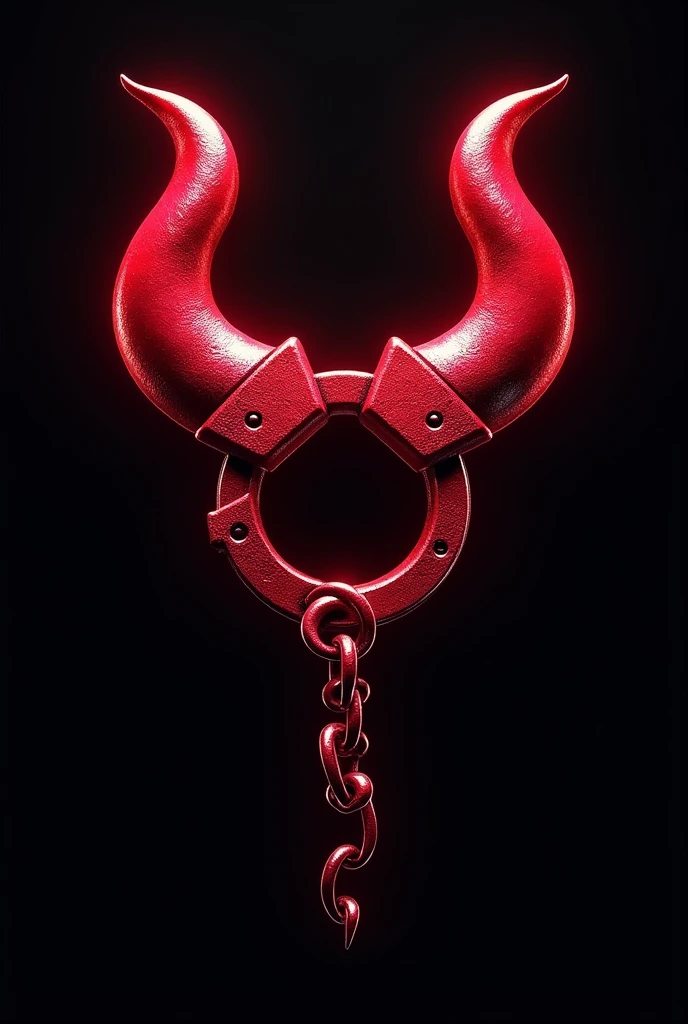 (logo design) evil logo, a striking red handcuff, adorned with sharp, menacing demon horns, and a sinuous chain tail extending from the base, dynamic and bold, emphasizing a dark theme, glossy finish, high-resolution, creating an impression of malevolence and power.