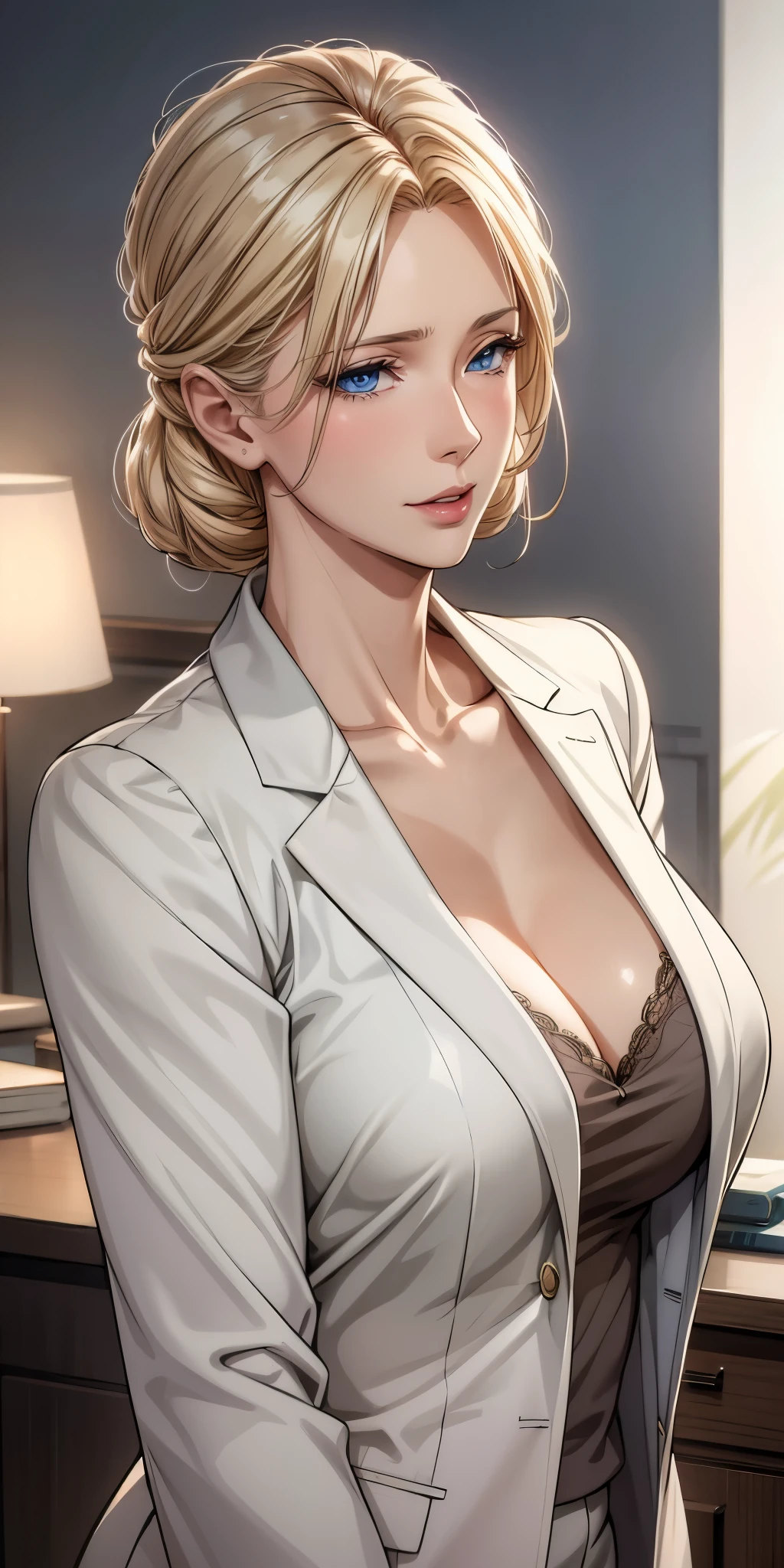 Elegant mature woman, milf, blue eyes, blonde hair, soft light, high detailed, 4k resolution, high quality, beautiful cg,