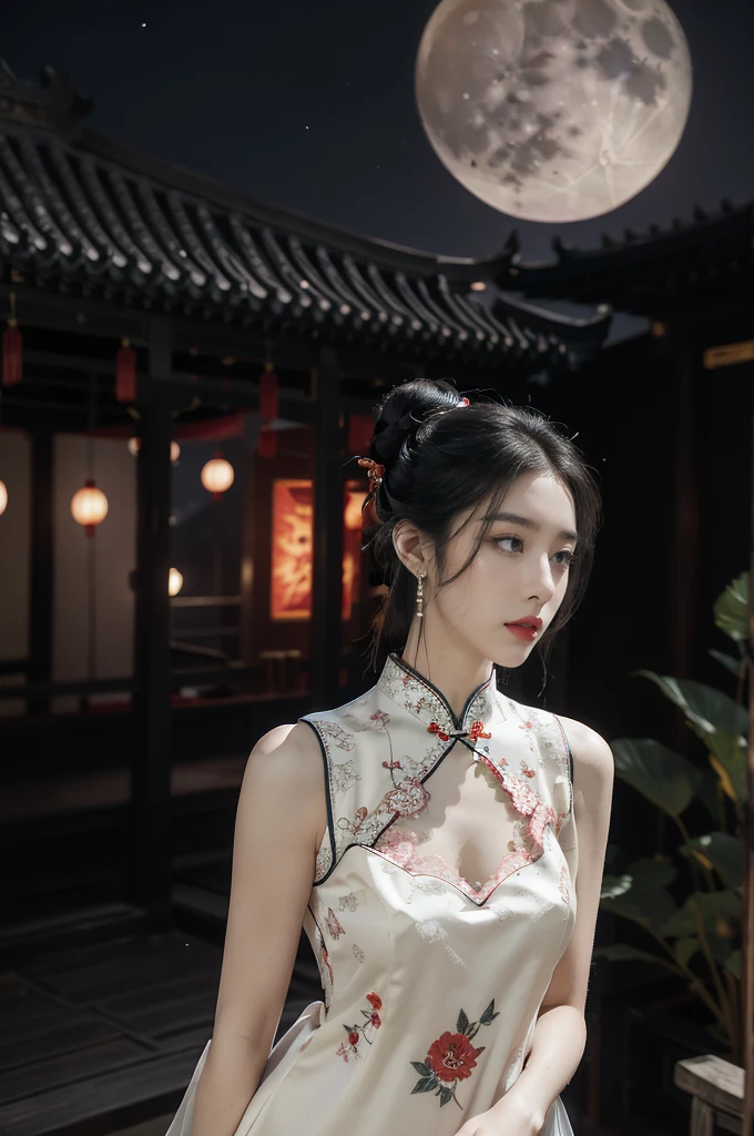 (((best quality))),(((ultra detailed))),(((masterpiece))),illustration,((1 beautiful girl,solo)),(bun hair:1.2),(Ghostly makeup:1.3),(fair skin:1.5),(red lips:1.2),(earrings:1.2),((slim,thin)),((small breasts,flat chest,cleavage)),(black floral embroidered lace sleeveless cheongsam:1.5),(thigh loop:1.3),(slender legs:1.2),(stockings:1.3),(standing:1.3),(A huge moon in the sky:1.3),(moonlit Chinese garden courtyard:1.3),(Ghost Festival:1.3),(Ghostly flames are drifting in the air:1.3),elegant and sophisticated,intricate patterns,curves,dark color,striking visual appeal,ethereal,enchanting,ghostly black blossoms,swaying branches,stone pathways,moss,eerie shadows,ancient pavilion,intricate wooden structure,mystery and intrigue,cicadas chirping,auditory symphony,embodiment of the festival's spirit,bathed in the moon's glow,delicate features,raven-black hair,waterfall of darkness,moon's luminance,captivating allure,sleek fabric,clung to frame,accentuating curves,highlighting beauty,striking appearance,ethereal beauty,hauntingly beautiful scene,captured essence,blend of beauty and mystery,(night scene:1.3),((from front,upper body))