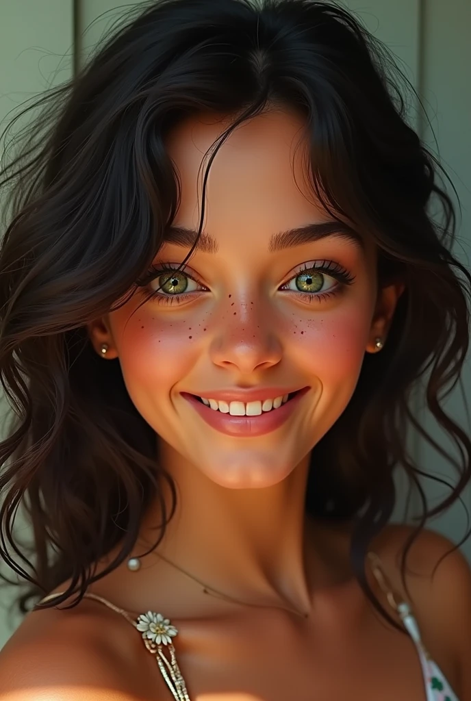A woman of apparently 20 years old, with wavy black hair, a brown skin, clear green eyes, a dimpled smile, with freckles on her face 