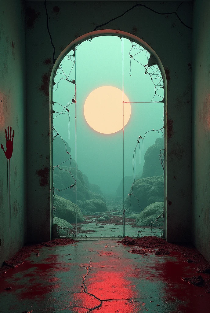 In a room a cracked glass wall and a hole in the center. On the floor there is blood and a bloody handprint on the wall trying to press the exit button and inside that glass wall you can see a bright circle as if it were a portal on the wall and a landscape background of a destroyed laboratory