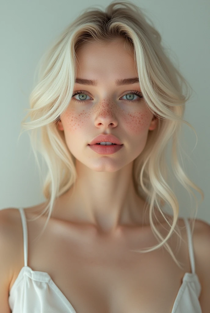A portrait of a young womans face down to her shoulder.She is very light skinned, She has white/platin blonde healthy shoulder long Hair. A nice head shape, Full soft lips, a thin nose and green eyes and freckles around her face