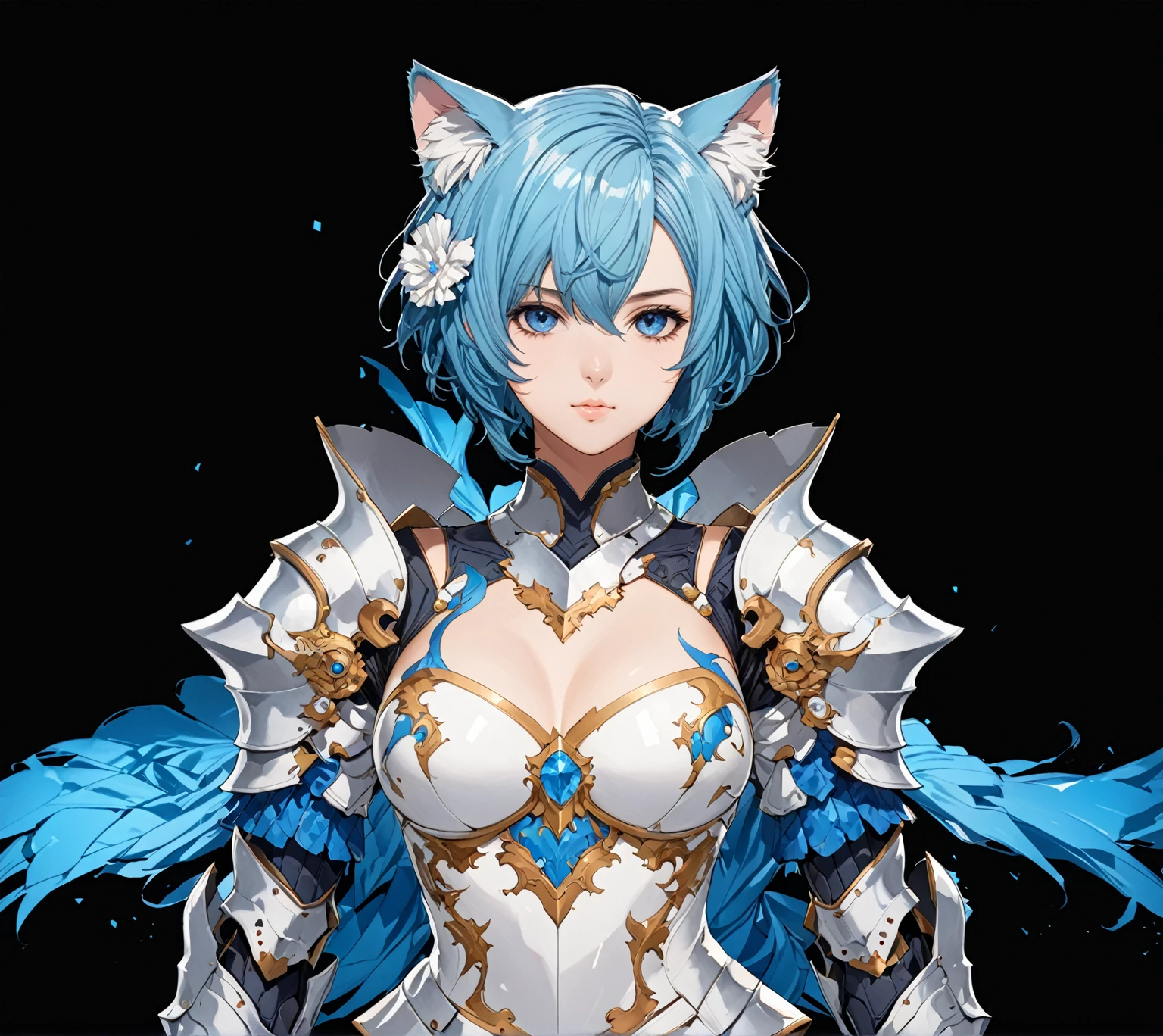 masterpiece, best quality, good quality, Highly detailed, shadowverse style, female, cat ear, cyan hair, modern aesthethic, armored, blue eyes, short hair, tidy hair, blue and white main color, full body art, adult, solo, closed mouth, knight, character design, standing with pose facing camera, plain background