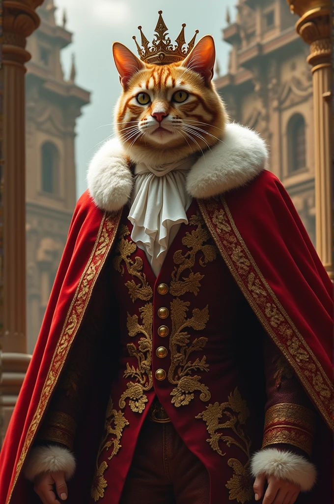 Create an epic fight image, that one of the characters is a crowned cat controlling a human body dressed in a royal suit and red cape with white edges.