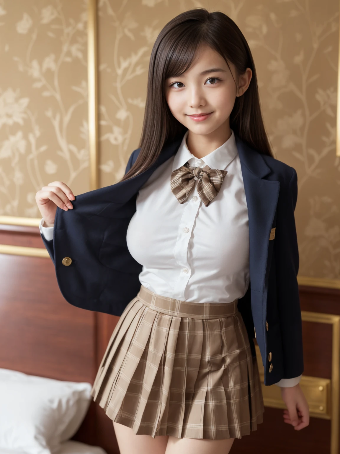 masterpiece, Highest quality, figure, Very detailed, The finer details, High resolution, 8k,wallpaper, Perfect dynamic composition,(Detailed high quality:1.3)、Seraphim, (The background is an empty hotel bed:1.3), Deep in the field, Black hair color, Big Natural Color Lip, (Perfect figure), (smile)、Harajuku Style, Adorable expression、Expressions of happiness、Amazingly cute、Cute type、Beautiful feet, Idol Sculpture、(Big Breasts:1.5)、(((Brown Check Skirt、Outfit unified in brown and plaid、Wear a uniform、detective attire、Victorian costume)))、(Erect nipples)、(Young face:1.5)、(:1.5)、(Primary scho stature:1.5)