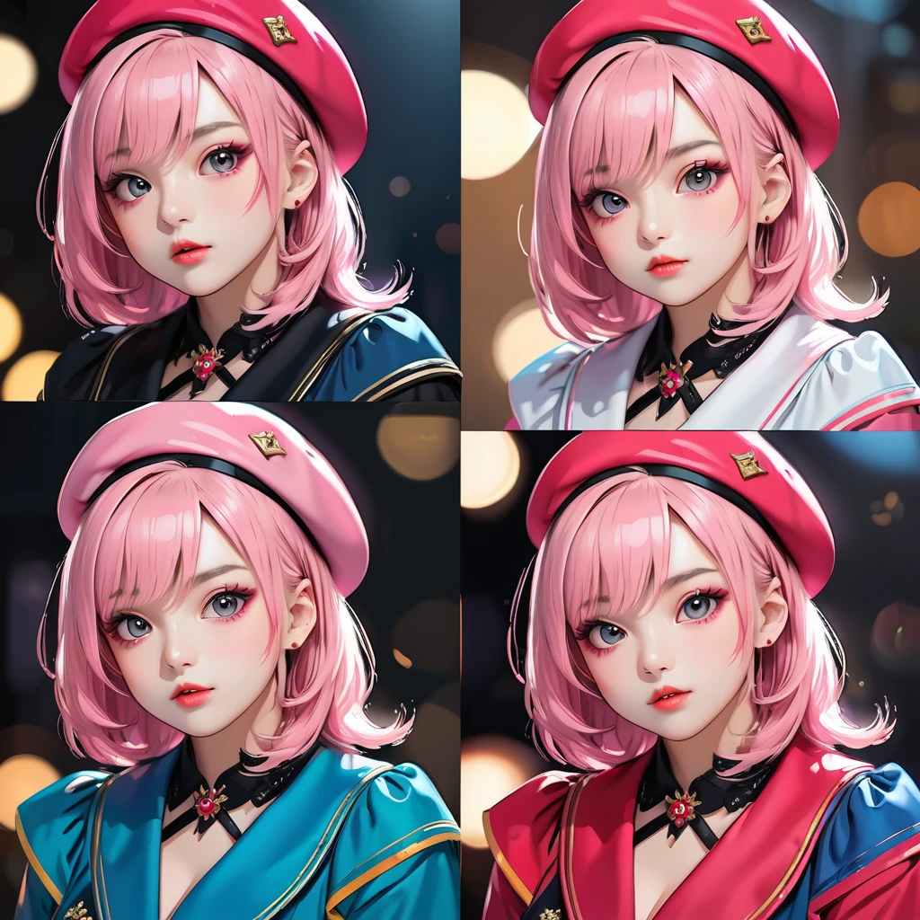 chibi girl,pink hair,beret,thick black lines,flat color,different expressions,meme,best quality,4k,8k,highres,masterpiece:1.2,ultra-detailed,realistic,photorealistic,photo-realistic:1.37,HDR,UHD,studio lighting,ultra-fine painting,sharp focus,physically-based rendering,extreme detail description,professional,vivid colors,bokeh,digital illustration