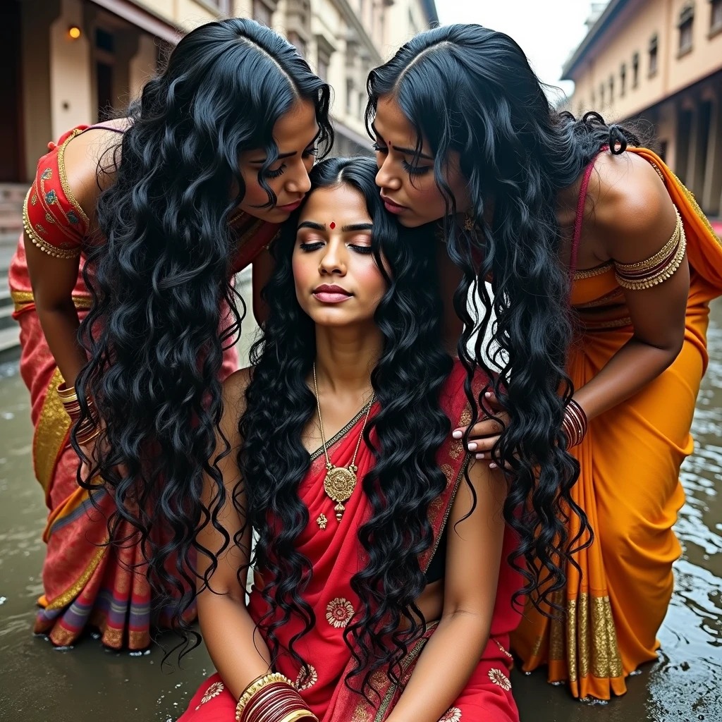 indian kali temple,three younger indian ladies in sarees,unnatural unreal wiered black 3c curly hairs like black springs,It is being coiled and coiled and coiled like detailing as per image prompt,Showered highly wet hairs,Drenched and absorbed water in their hair,like hair flooded with 10000000000000000000000000000000000000000000 liters and soaked in thier hair,hairs like water pulp,Those hairs got pulpted and makes very thick hair curls like black warms on thier hairs,Their hairs got coiled with wetness,Their jairs wet woth not omly water,Also has been applied tons and tons of wet look hair get and resembled in to image prompt hair level,Refer in to the image prompt thier hairs are amazing curly coily thick like black warms and thier hairs like not in this plannet,Shinning like mirrors stating big black springs,one lady kneeled down, other two bend over and licking head scalp of kneeled lady from behind, Like they raping kneeled lady' head scalp with kissing wildly,