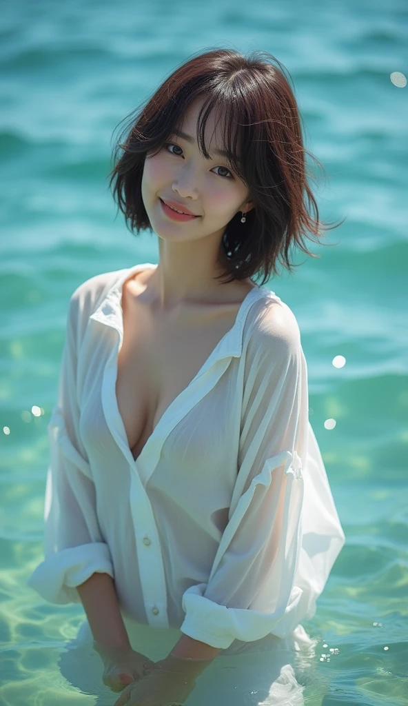A Japanese woman posing in the sea up to her waist　Short bob brown hair　He is wearing only a white translucent shirt on his bare skin.