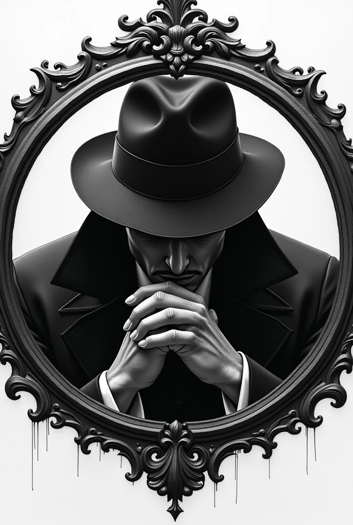 Semi realistic drawing of a Close shot of a Mistery detective man with a rounded circle ornament luxury frame surrounded him, front facing camera with head bowed, hidden face and both hands on his chin, in black and white