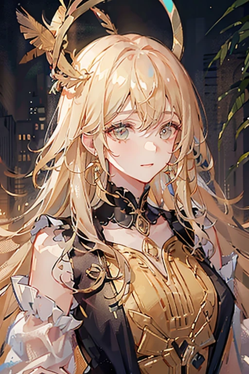 1 Adult male,Blonde long hair,Long earrings,Gold Halo Headdress,Gods,feather(8k,Exquisite CG)