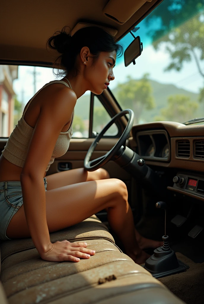 Young Brazilian woman accelerating the pedal of an old Fiat Uno barefoot. 
