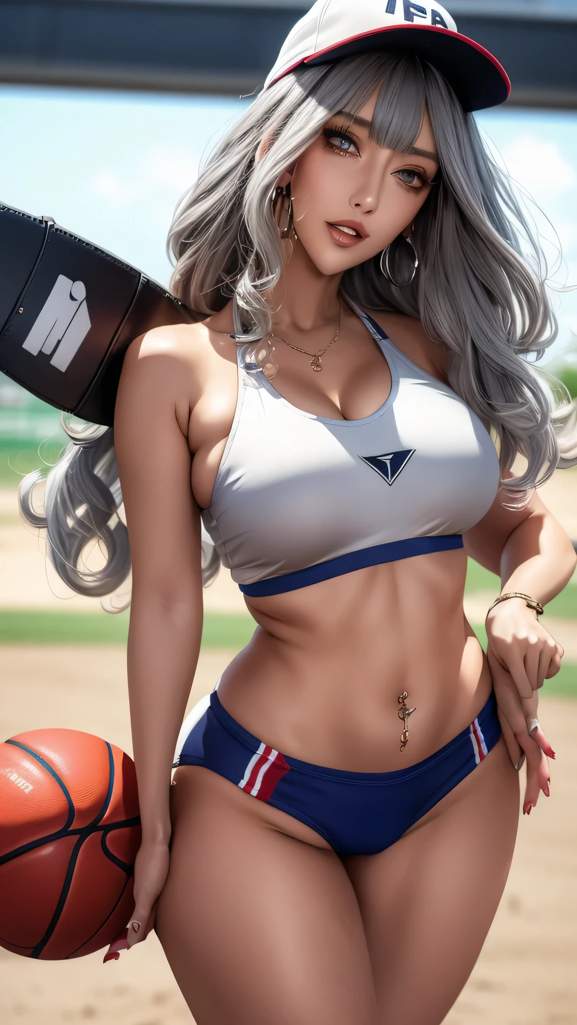 masterpiece, Highest quality, Pixiv, Cool girl, , , Popular characters, Baseball cap, Stylish sunglasses, Cute sheer bra and panties, Silver Hair, Curly Hair, Blunt bangs, Straight bangs, Colored contact lenses eyes, Gal,Basketball shoes, Improve、Heavy Large 、Belly piercing,Big Breasts,((((Straddle)))),Spread your legs,Fleshy crotch,Oilskin,Wet crotch,Underboob((Orgasm:1.2))