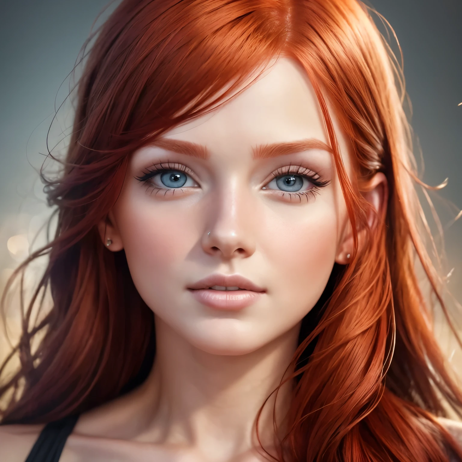 Realistic face features of redhead woman 22 years old.