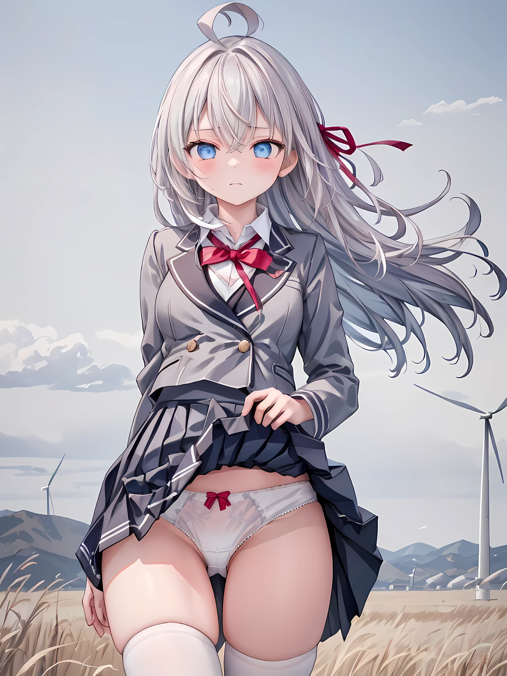 masterpiece, (realistic, photo realistic:1.2), ((highest quality), extremely fine and beautiful, beautiful face details, real human skin, realistic, photorealistic, cowboy shot, Alisa Mikhailovna Kujou, ahoge, long hair, grey hair, hair intakes, hair ribbon, red ribbon, sidelocks, hair between eyes, bangs, blue eyes, school uniform, grey jacket, cropped jacket, blazer, open jacket, , wing collar, red bowtie, collared shirt, white shirt, , long sleeves, black dress, pleated dress, double-breasted, zettai ryouiki, white thighhighs, White , (wind, wind lift, Skirt lifted by the wind, skirt rolled up by the wind, Skirt flutters:1.5), (Fully exposed panties:1.5), (white panties:1.5), (standing :1.2)