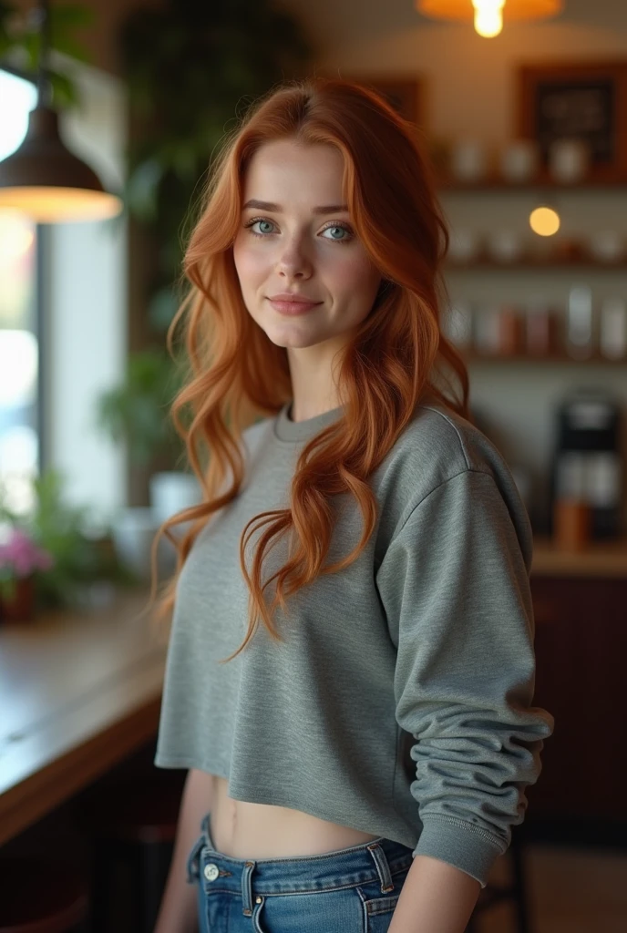 HD screencap from a romantic comedy movie, a stunningly beautiful, prissy, awkward 18-year-old white girl with perfectly-coiffed auburn hair, immaculate makeup, sparkling blue eyes, and a perfect hourglass figure, waits for her order in a coffee house wearing a gray sweatshirt and jeans 
