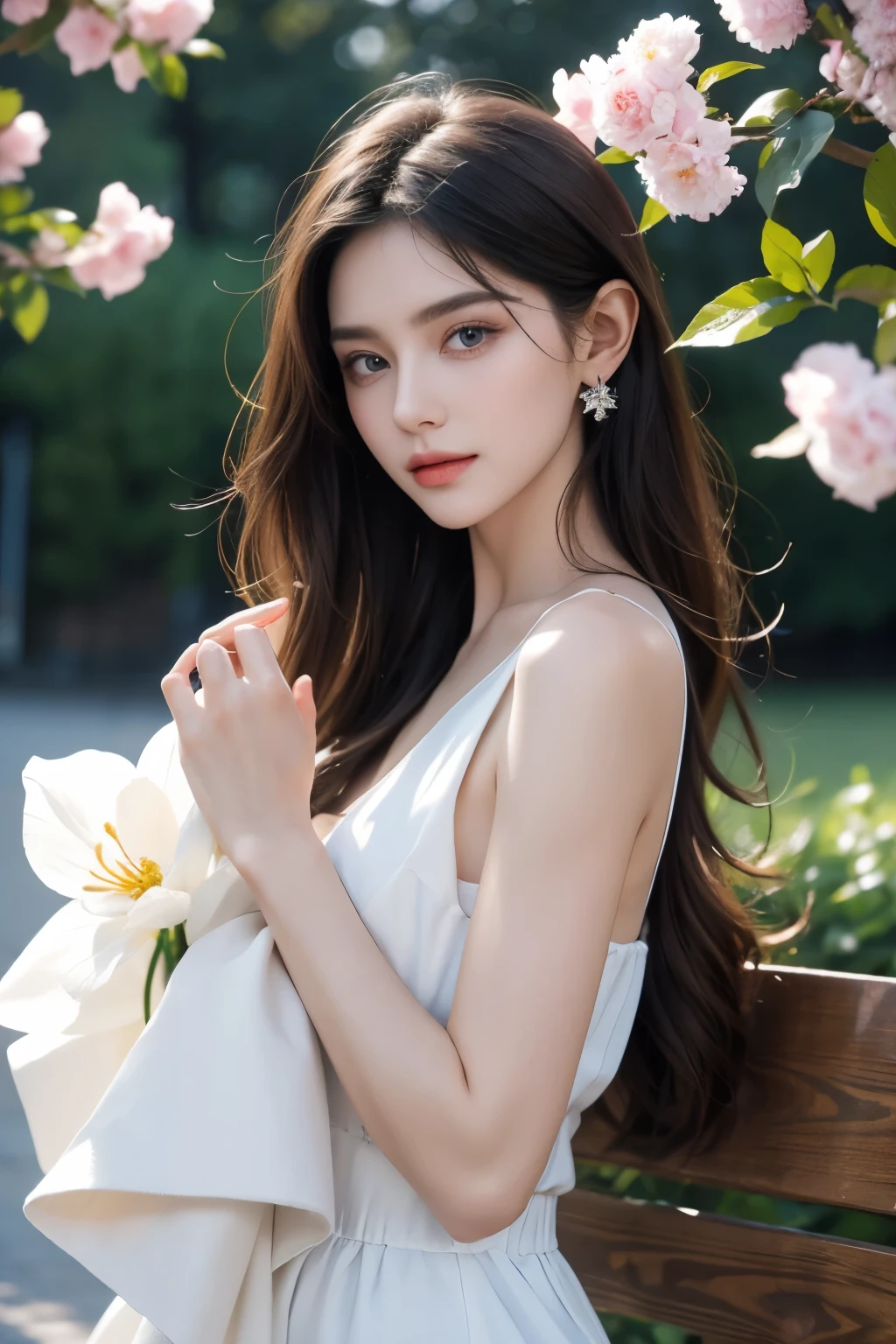Modern. Russian couple. Masculie man (mature) and beautiful girl (young; innocent). elegant couple. Casual wear. Dark hair color. Very deatiled face. pretty eyes (perfect eyes). 8K resolution. Masterpiece, love, glowing light. Look at the viewer. white petals. Bright color.