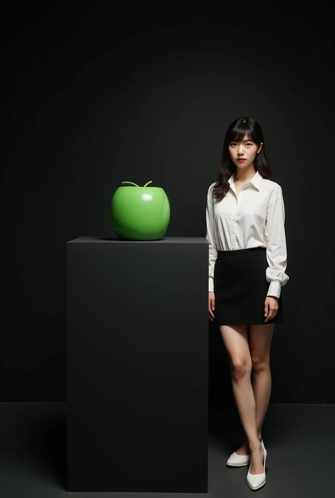 main item is a high ,black ,big table displaying a very small green cude(size like a fist) with no shadow ,  
and a 16years old , BEAUTIFUL ,asian, with Bangs,white shirt,black short skirt, super huge boobs(34 E CUP) ,very white skin tone ager standing next to it 
and the whole body facing the camera
the back ground is a black wall
taking a realistic far view photo