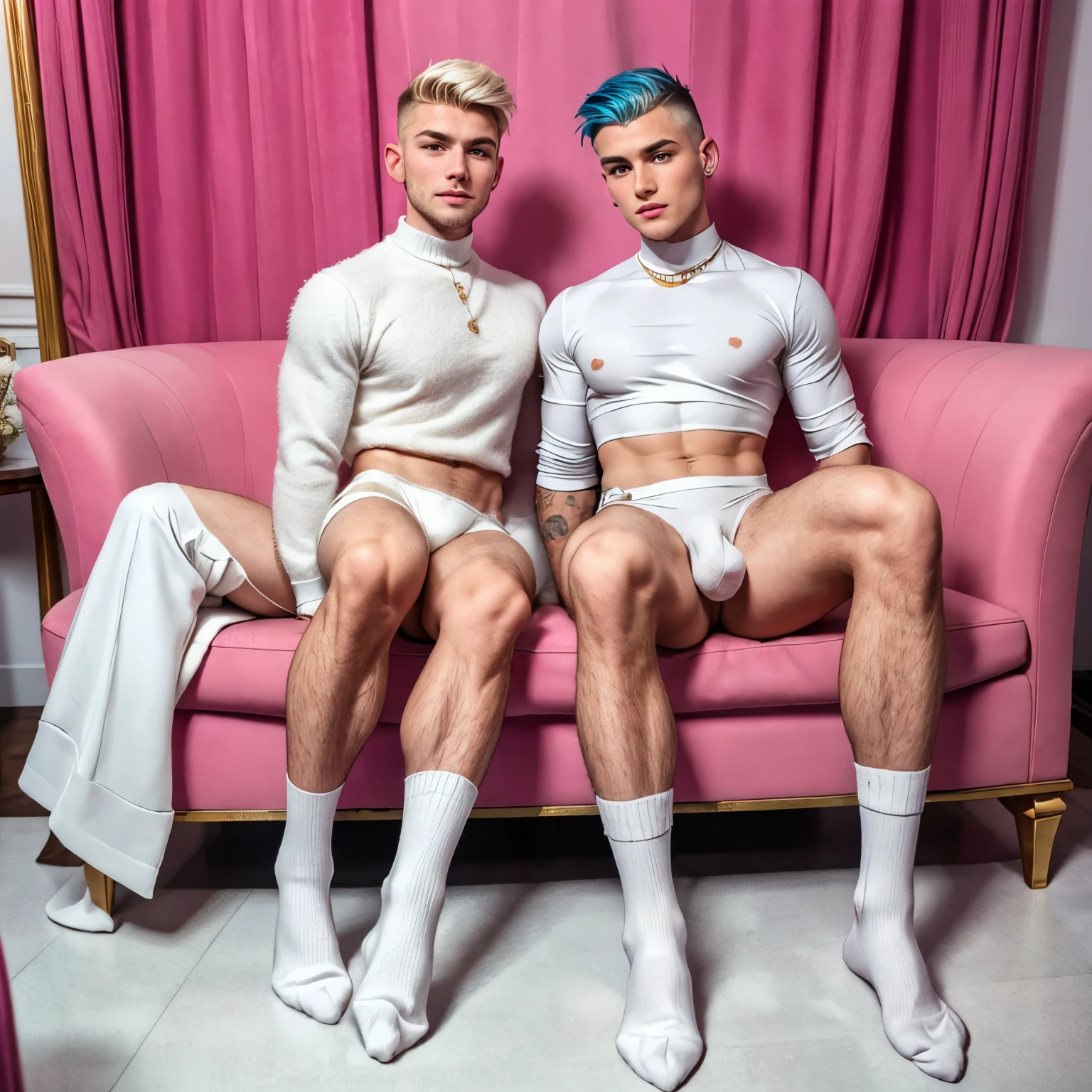 full view full body, two young white european gay cute different boys with fashion undercut haircuts, with no beard, wearing crystal blue fashion outfits, lots of jewelery, in white sheer socks, no shoes, in deep love on a pink fluffy couch in luxurious parisian hype-fashioned appartment