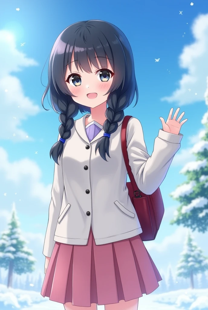 (alone:1.5),girl1人\(very cute,Soft Skin,(girl:2.0),blush,Child's body shape,Dark Eyes,d),Black Hair,Shiny Hair,Braided twin tails,Pink Skirt,White jacket(Blue Ribbon\),Japanese school bag(red\), character focus,Adult perspective,Cute Smile,Please wave your right hand,white breath,Rural Areas,shining white snow,blue sky,Beautiful Clouds,quality\(8k,Very detailedなCGユニットの壁紙, masterpiece,High resolution,top-quality,top-quality real texture skin,Surreal,Increase the resolution,RAW Photos,highest quality,Very detailed,Cinema Lighting,Ray Tracing,)