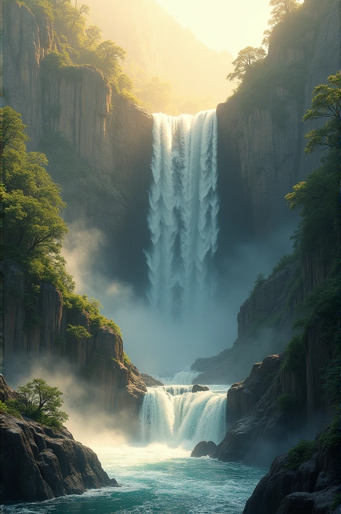 "Create an image of a breathtaking waterfall cascading down a rugged mountain, with sunlight streaming through, illuminating the scene and casting a warm, golden glow on the surrounding landscape."