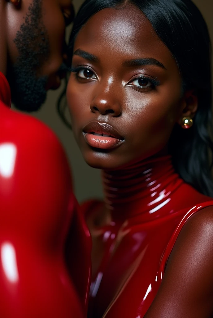 congolese woman, young, naked, very curly mullet, septum piercing, dimples, thick belt around neck, naughty expression, man choking woman, man holding woman in chokehold, man wrapping his arm around woman's neck, choking, transparent red shiny latex bodysuit, close-up, UHD, retina, masterpiece, accurate, anatomically correct, textured skin, super detail, high details, high quality, award winning, best quality, highres