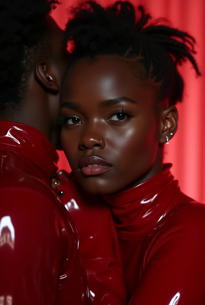 congolese woman, young, naked, very curly mullet, septum piercing, dimples, thick belt around neck, naughty expression, man choking woman, man holding woman in chokehold, man wrapping his arm around woman's neck, choking, transparent red shiny latex bodysuit, close-up, UHD, retina, masterpiece, accurate, anatomically correct, textured skin, super detail, high details, high quality, award winning, best quality, highres
