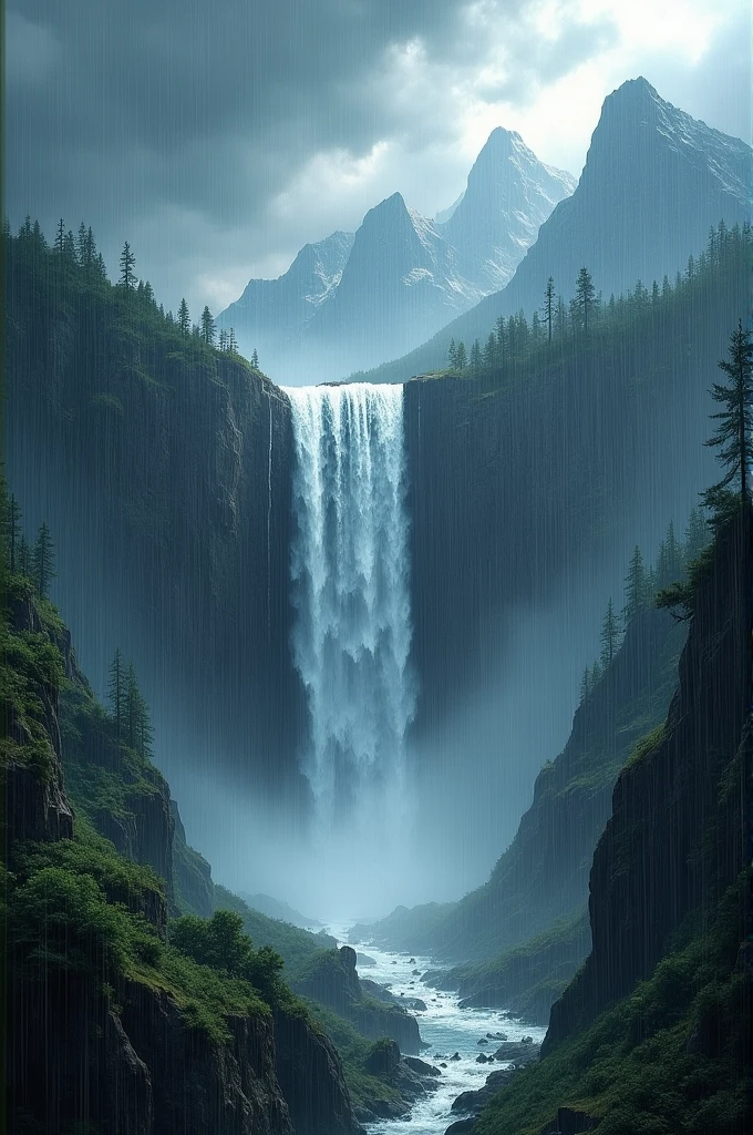 Generate the image of water fall in mountain and raining in the situation