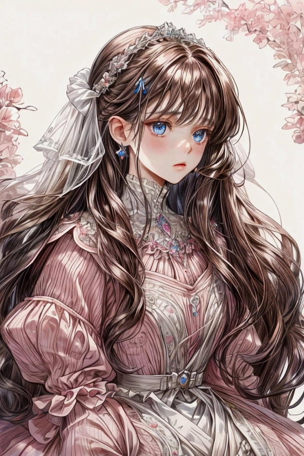 a beautiful  european noble girl, with blue eyes, long straight brown hair and blunt bangs, wearing cute, expensive pink and white gown, with cute hairpin on her hair, blank background
