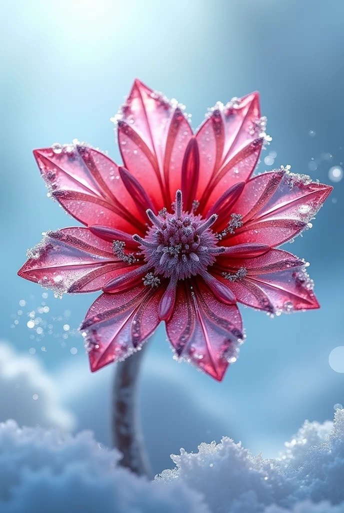 An illustration of a flower made out of Garnet. The petals of the flower should resemble delicate, intricate snowflakes, with sharp and crystalline patterns. The center of the flower can be slightly raised and textured to resemble ice. The background should be a light, soft blue gradient, giving the impression of a cool, wintry atmosphere. The style should be elegant and detailed, suitable for packaging design.
