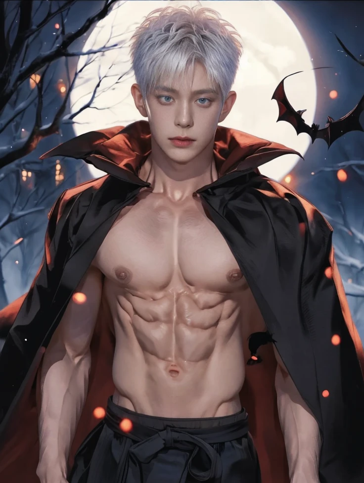 1 male, handsome Japanese male model, high resolution 4k, adult, body realistic, perfect face detail, detailed eyes and face, muscular, white eyebrow hair, white eyelashes, Naked torso, Detailed face, perfect face, real skin texture, detail Perfect hand, details, Real and complete hand details, unreal engine, hd picture, satoru gojo, Jujutsu kaisen, white hair, short hair ,hair between eyes ,blue eyes, white skin, background Helloween, vampire