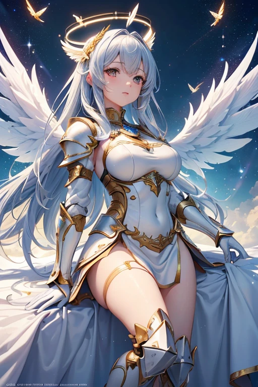 masterpiece, 8K wallpaper incorporating highly detailed CG, 8K Ultra HD, Digital SLR, high quality, clean, ((A goddess in white mechanical armor with large wings, godly aura, magic, fly in the sky)), Glowing Eyes, Cinema Lighting, 超High resolution, 超High resolution, High resolution,Huge golden halo
