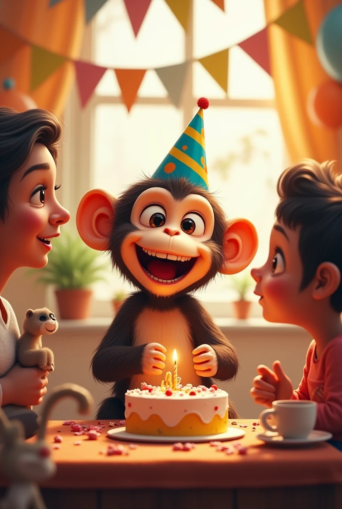 Generate me a image of monkey celebrating his birthday with his human parents and more members