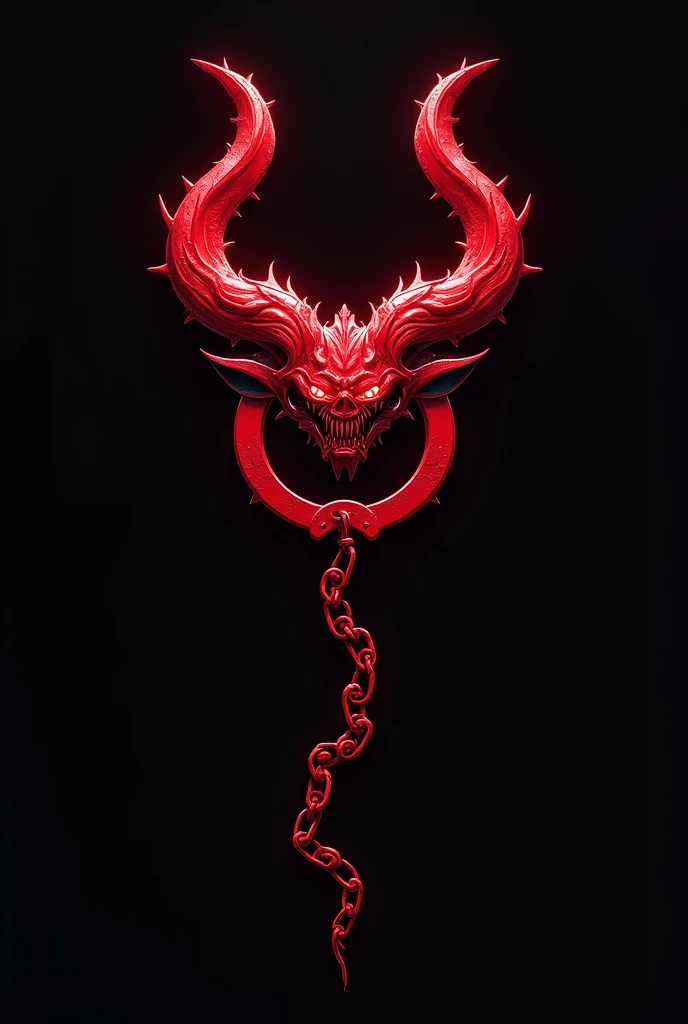 (logo design) evil logo, a striking red handcuff, adorned with sharp, menacing demon horns, and a sinuous chain tail extending from the base, dynamic and bold, emphasizing a dark theme, glossy finish, high-resolution, creating an impression of malevolence and power.