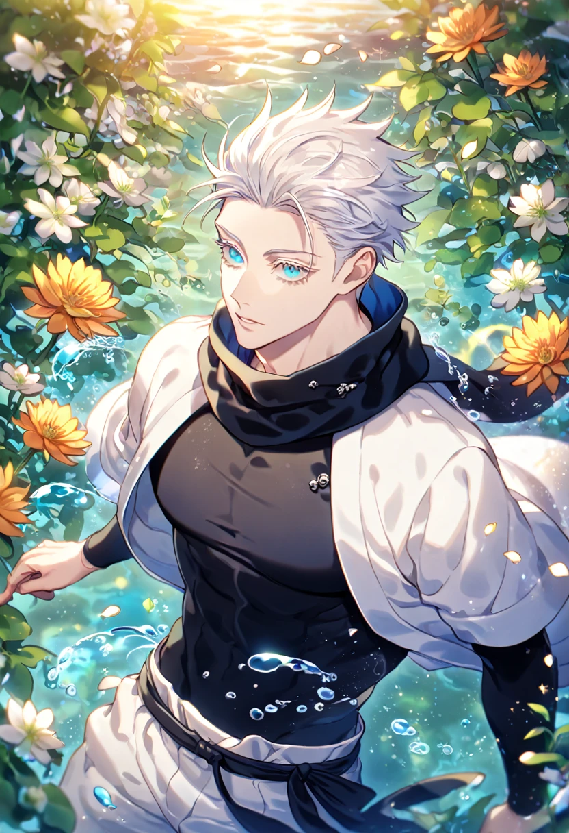 Ultra detailed, HDR, Highres, absurdres, master piece, Gojou Satoru, white hair with bangs, slicked back hair, white eyelashes, expressive blue eyes, black scarf, black tight shirt, white haori, white baggy pants, Jujutsu Kaisen, y man, handsome, flowers, petals, fantasy, magical, green leaves, summer, handsome, sensual, best quality, glittering, solo, manly man, water,