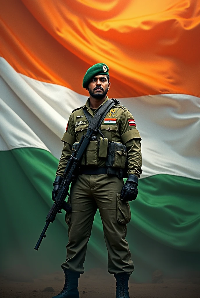 Generate independence day images with in background tricolor and front of this tricolor the one indian commando is stand in the middle of the image and also print the tricolor  on this commando soldier 