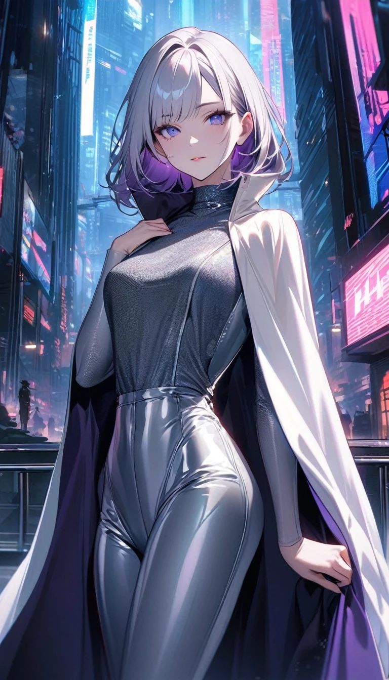 **Image Description:**

**Character:** A woman with shoulder-length, straight silver hair, styled with a sleek and modern look. Her hair is a striking, metallic shade that catches the light, giving it a shimmering effect. Her hair falls just below her shoulders, with a center part and sharp, clean lines that frame her face elegantly.

**Face and Expression:** She has an oval face with high cheekbones and a refined, delicate jawline. Her skin is a pale, porcelain-like tone, smooth and flawless. Her eyes are a vivid, icy blue, large and expressive, framed by long, naturally curved lashes and perfectly arched eyebrows. Her gaze is intense and thoughtful, exuding an air of mystery and contemplation. Her lips are full and slightly tinted a soft, rosy pink, with a serene and contemplative smile that suggests a deep inner world.

**Clothing:** She is wearing a chic, high-fashion outfit that blends modern sophistication with a touch of avant-garde style. Her top is a fitted, silver metallic bodysuit with a high collar and long sleeves, featuring subtle geometric patterns that catch the light. Over this, she wears a flowing, floor-length cape in a deep navy blue, which adds an element of drama and elegance. The cape is sheer and slightly translucent, creating a beautiful contrast with the metallic sheen of her bodysuit.

**Scene:** She stands in a futuristic cityscape at dusk, with towering skyscrapers and neon lights creating a vibrant backdrop. The city is bathed in a mix of deep blues and purples, with glowing advertisements and digital billboards illuminating the scene. The ground is reflective, with a polished surface that mirrors the lights above, adding to the scene’s high-tech ambiance. She is posed confidently, with one hand gently resting on a sleek, modern railing, while her other hand is casually tucked into the pocket of her cape. The overall setting highlights her sophisticated and enigmatic presence, making her stand out in the dynamic urban environment.