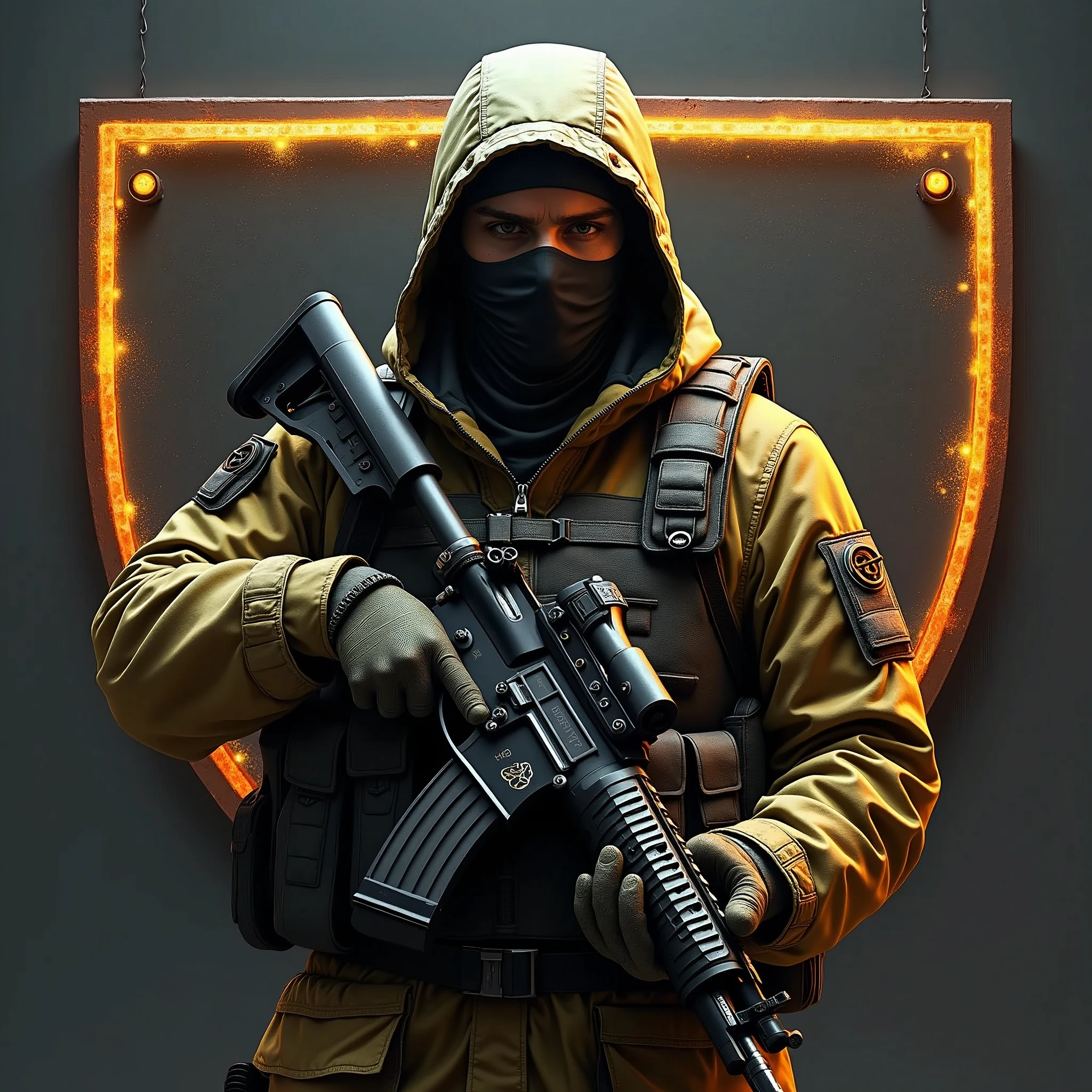 create a realistic emblem with the word D+ usando personagem do counter-strike, insert weapons, knives, Grenades and ammunition.