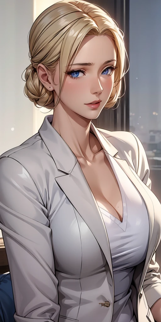 Elegant mature woman, milf, blue eyes, blonde hair, soft light, high detailed, 4k resolution, high quality, beautiful cg,