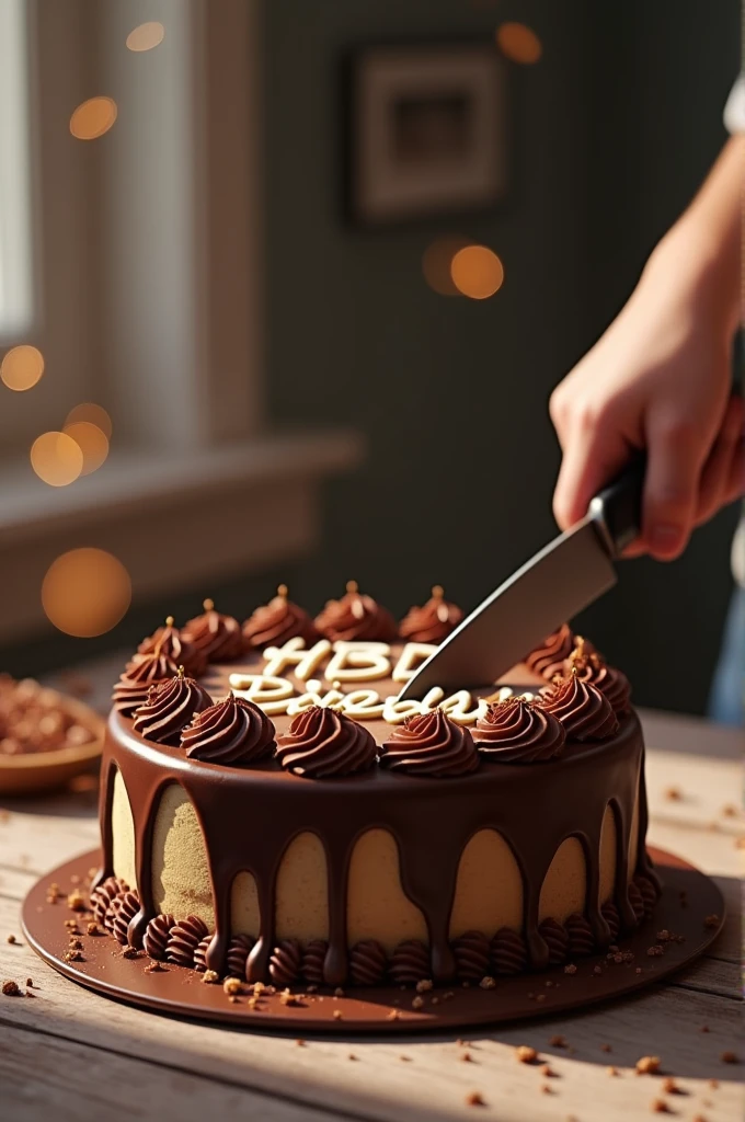 Generate a pic of birthday cake on table with chocolate cover. The name on cake should be HBD denzel. Boy cutting it just one hand of boy should came in pic that too with knife while cutting cake. The image should look like real image. Cuz I have to convince someone