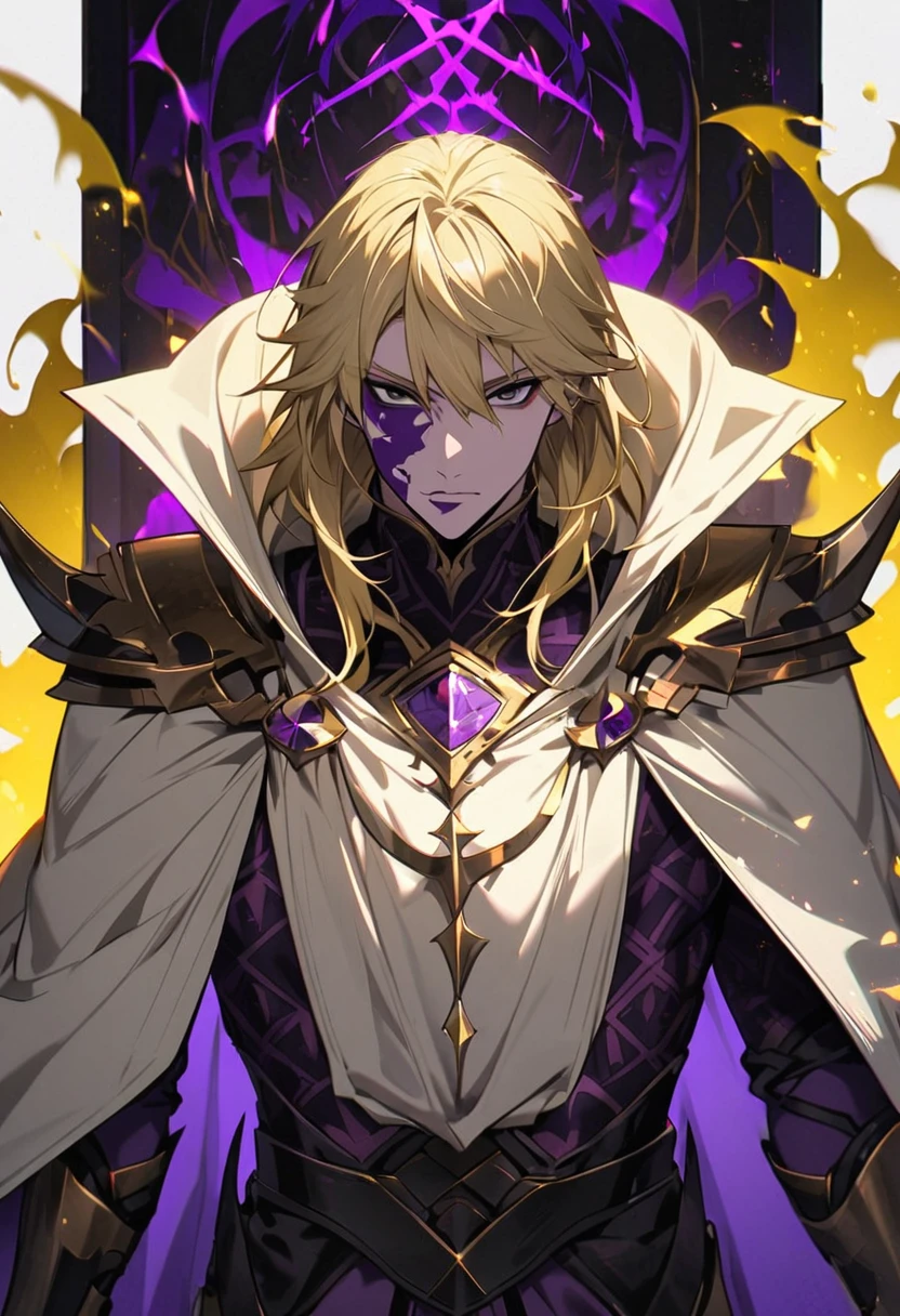 male, solo, handsome,  totally black eyes, blond hair, dark purple aura, warrior, dark purple pattern on face,  villain, yellow and white cloak, yellow aura, holo